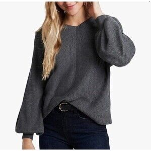 1.STATE Womens Rib Knit V Neck Bubble Sleeve Sweater Size Medium M Gray EUC